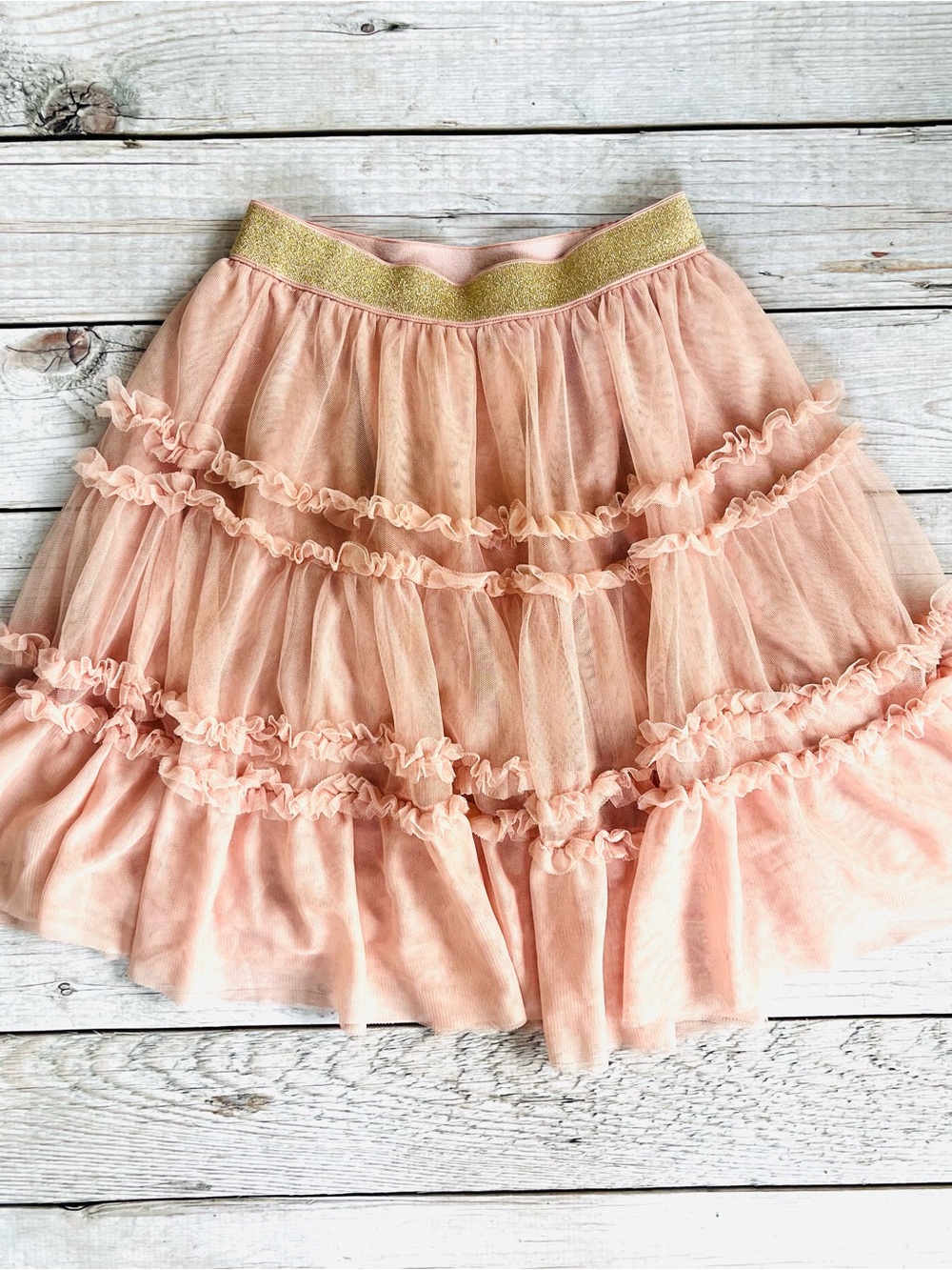 Mini Boden Blush Pink Ruffled Tulle Skirt with Gold Waistband